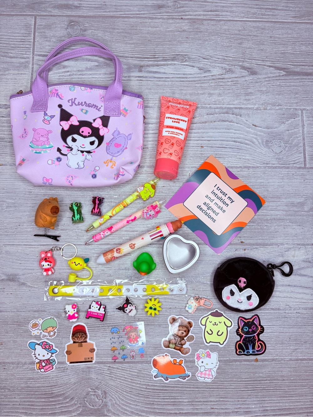 Kuromi purse bundle pens , stickers , lotion , croc bracelet,  keychain, dragons